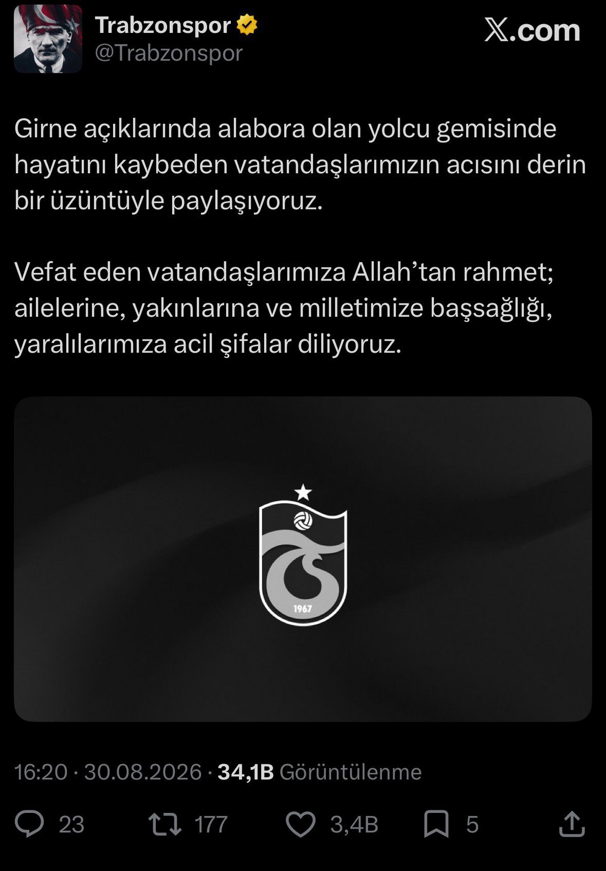 Trabzonspor'dan Başsağlığı Mesajı