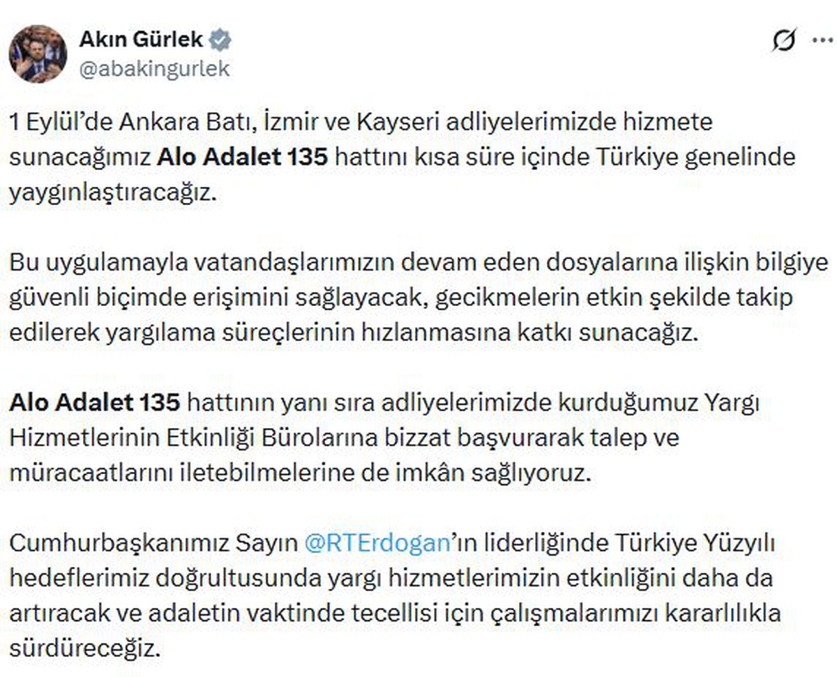 Alo Adalet 135 hattı 1 Eylül'de başlıyor