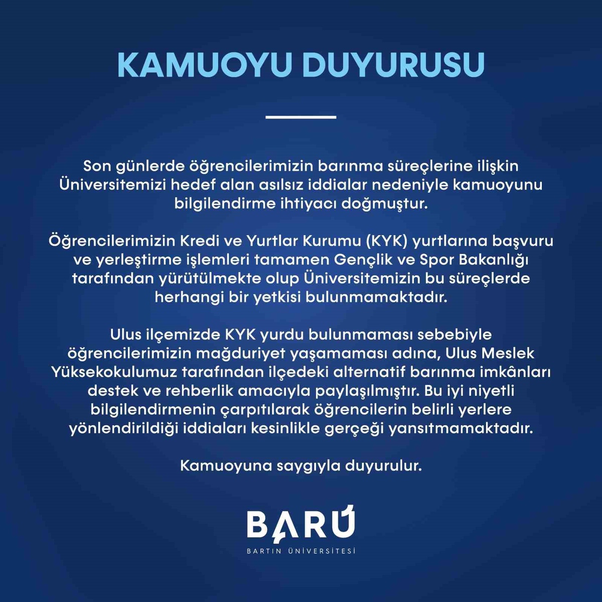 Bartın Üniversitesi'nden Barınma Sorunu Açıklaması