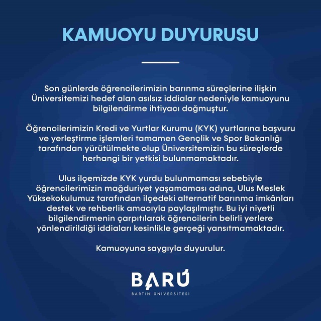 Bartın Üniversitesi'nden Barınma Sorunu Açıklaması