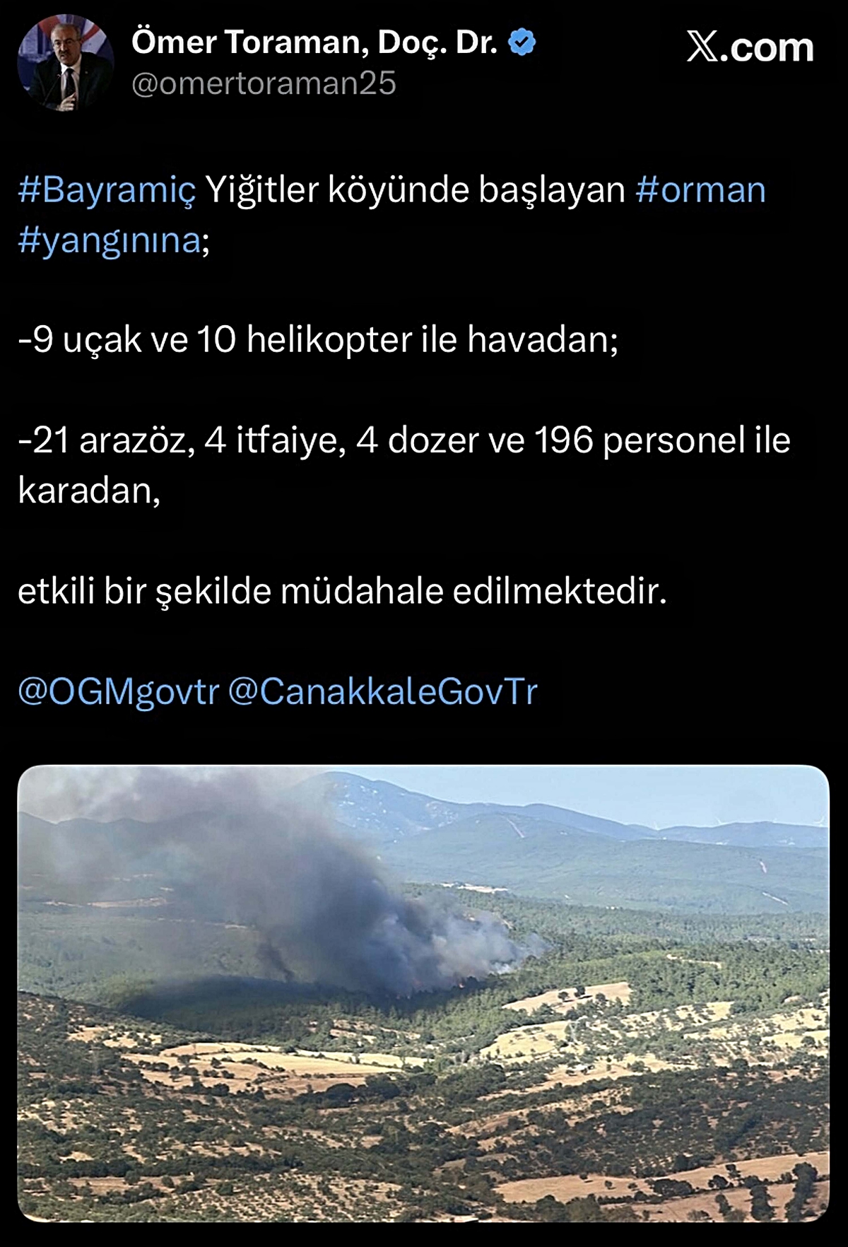 Bayramiç'te Yangına Havadan ve Karadan Müdahale