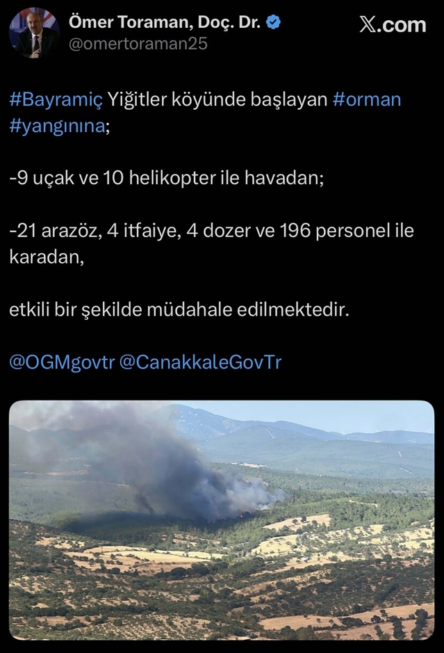 Bayramiç'te Yangına Havadan ve Karadan Müdahale