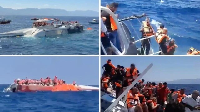 Girne'de alabora olan geminin yan yatma anı kamerada