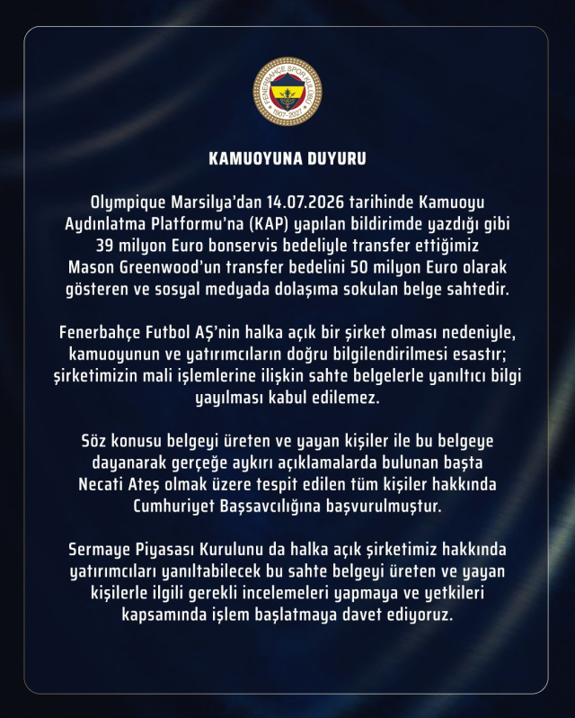 Fenerbahçe'den Necati Ateş hakkında suç duyurusu