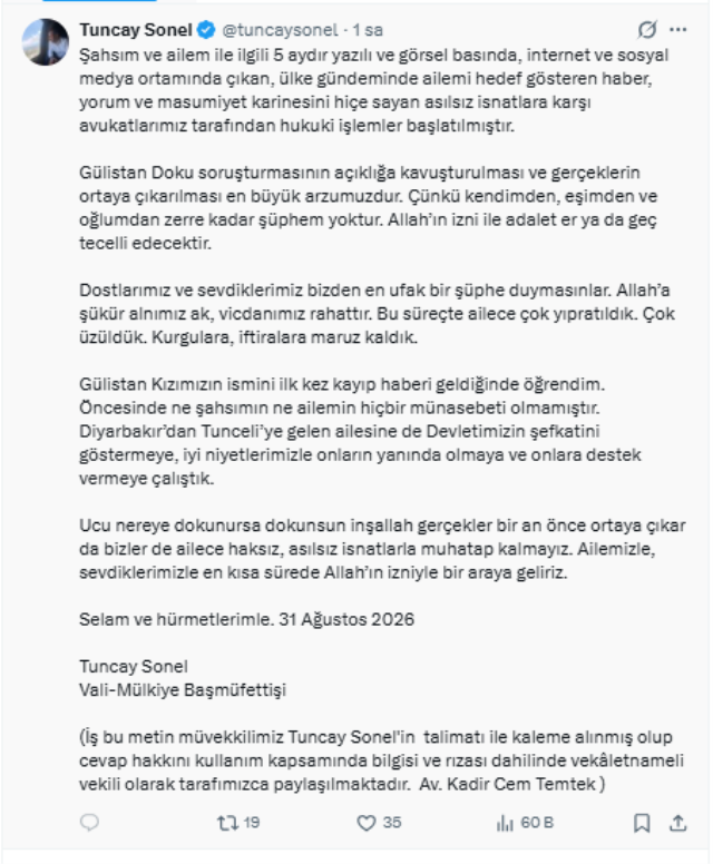 Tuncel Sonel'den aylar sonra ilk açıklama: Gülistan kızımızın...