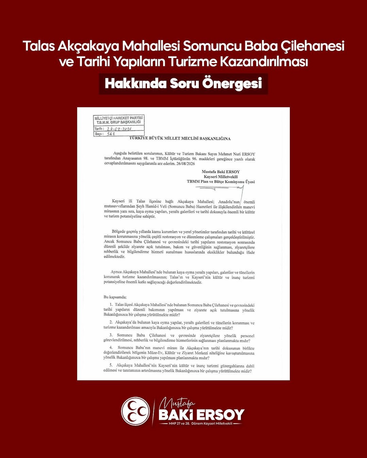 MHP'li Ersoy, Somuncu Baba Çilehanesi için TBMM'ye soru önergesi sundu