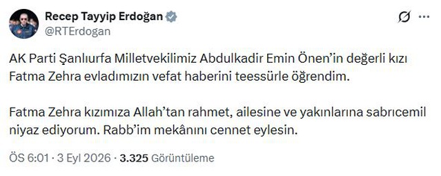 Erdoğan'dan Önen'in Kızı İçin Taziye