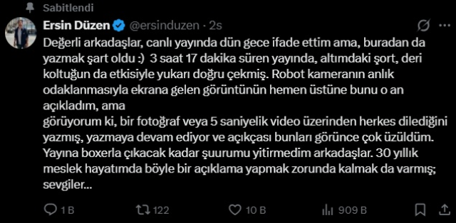 Canlı yayın görüntüsü olay olan Ersin Düzen'den açıklama geldi