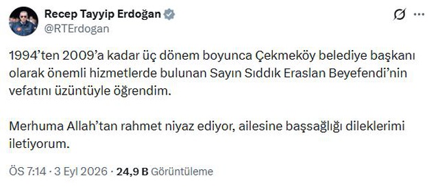 Erdoğan'dan eski Çekmeköy Belediye Başkanı Eraslan için başsağlığı
