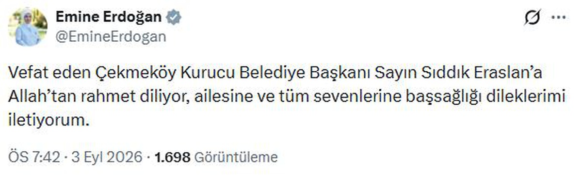 Emine Erdoğan'dan Sıddık Eraslan için taziye mesajı