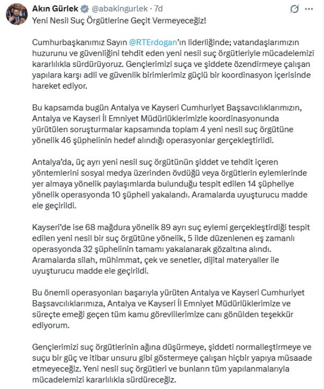 Adalet Bakanı Akın Gürlek duyurdu: 2 ilde 4 yeni nesil suç örgütü çökertildi