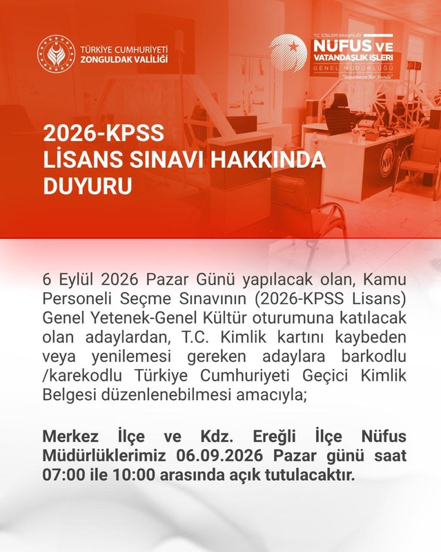 KPSS öncesi kimlik işlemi için Zonguldak'ta iki nüfus müdürlüğü erken açılacak
