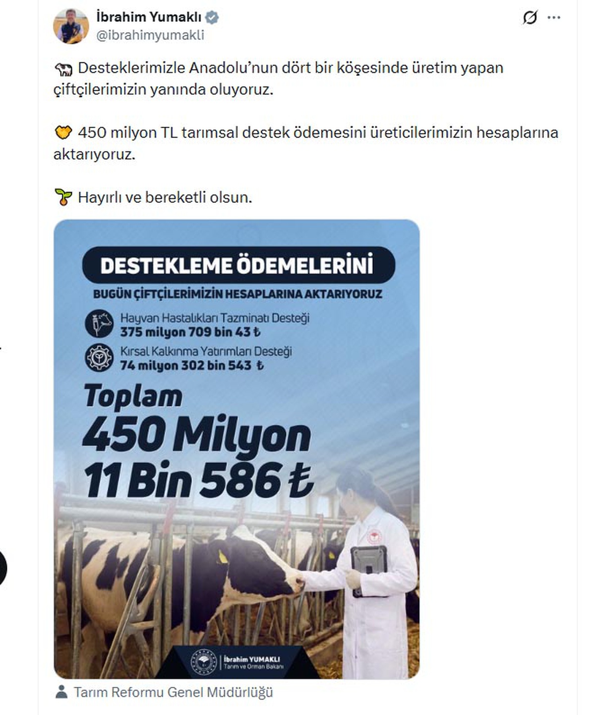 Bakan Yumaklı, 450 milyon liralık tarımsal desteğin hesaplara aktarıldığını açıkladı