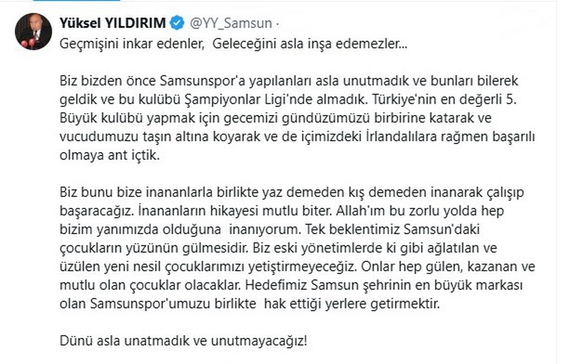 Samsunspor Başkanı Yıldırım: Kulübü en değerli 5 büyük takım yapma hedefiyle çalışıyoruz