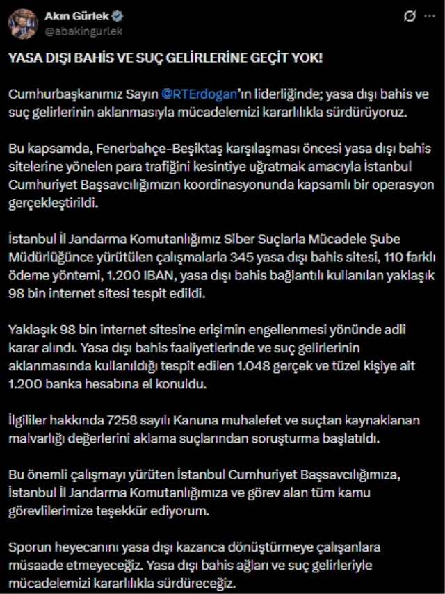 Fenerbahçe-Beşiktaş derbisi öncesi yasa dışı bahis operasyonu: Bin 200 banka hesabına el kondu, 98 bin site erişime engellendi