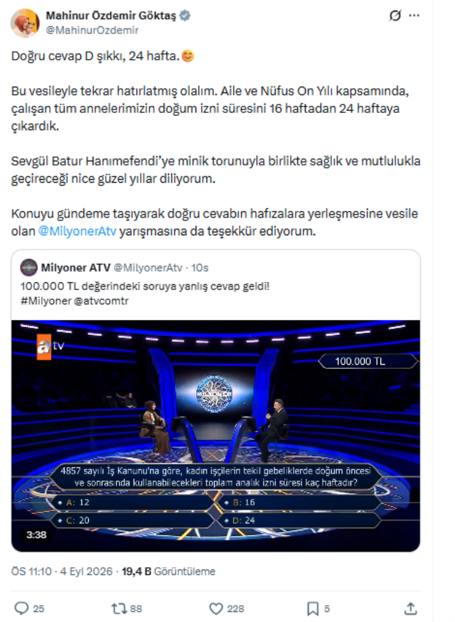 Milyoner’de yarışmacı soruyu bilmedi, Bakan Göktaş hemen paylaşım yaptı