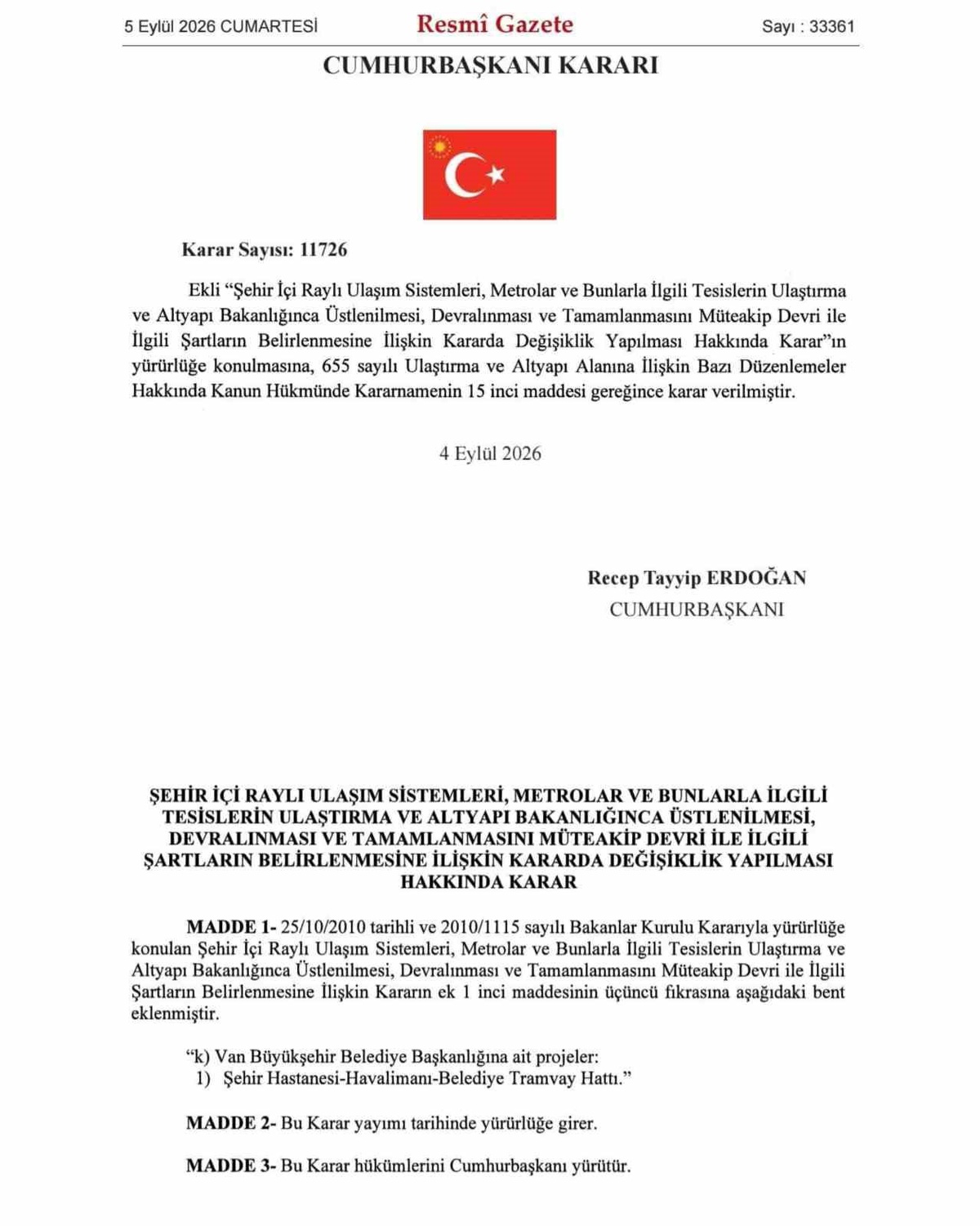 Van Tramvay Hattı Bakanlığa Devredildi