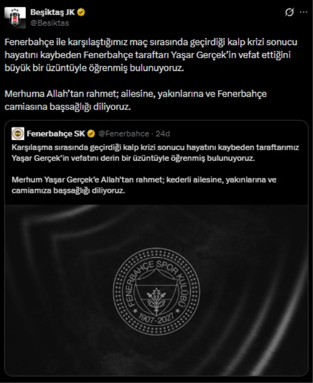 Derbide kahreden ölüm! Fenerbahçe ve Beşiktaş'tan peş peşe açıklama