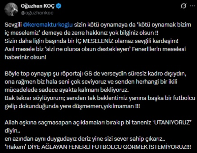 Oğuzhan Koç'tan Kerem'e olay sözler: Hakem diye ağlayan Fenerli futbolcu görmek istemiyoruz