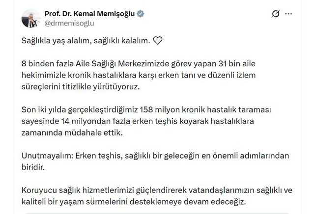 Bakan Memişoğlu, 158 milyon taramayla 14 milyon erken teşhis koyduklarını açıkladı