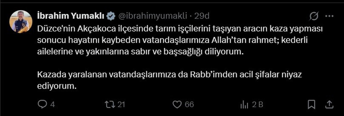 Bakan Yumaklı Düzce'deki kazada ölen 4 kişi için başsağlığı diledi