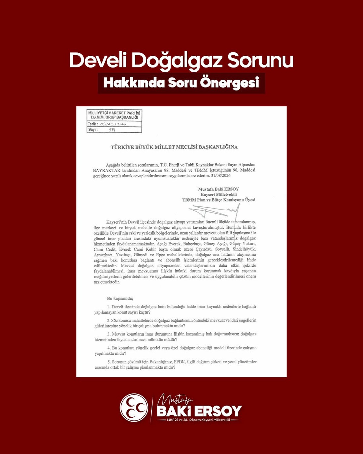 MHP\'li Ersoy, imar sorunuyla gaz alamayan Develililerin mağduriyetini TBMM\'ye taşıdı