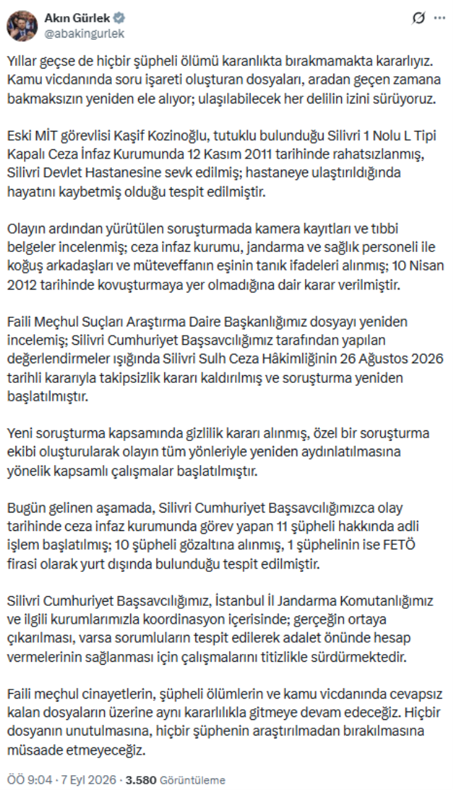 Eski MİT görevlisi Kaşif Kozinoğlu'nun ölümüne ilişkin soruşturmada 10 kişi gözaltına alındı