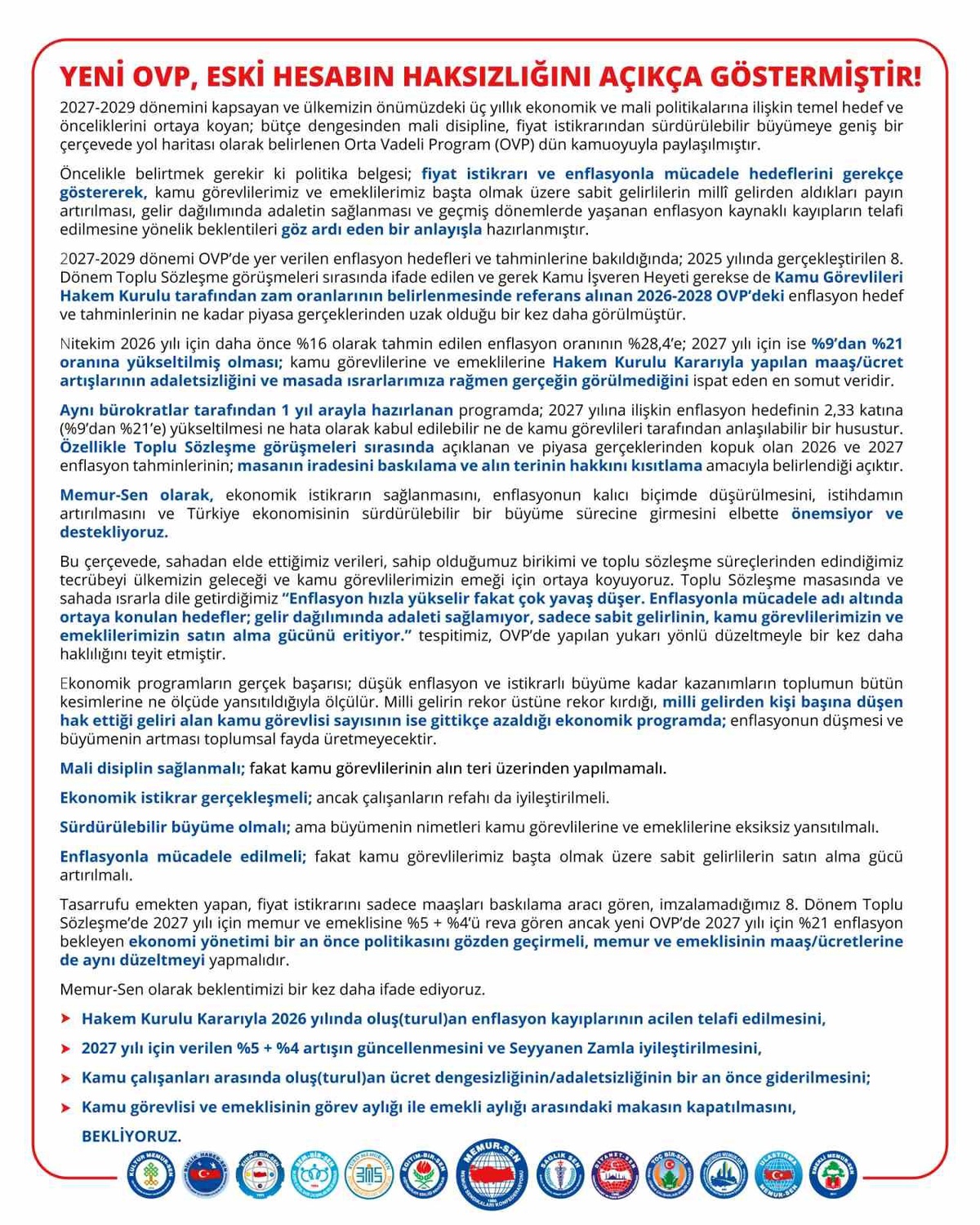 Memur-Sen OVP\'yi eleştirdi, maaş zammının enflasyona göre güncellenmesini istedi