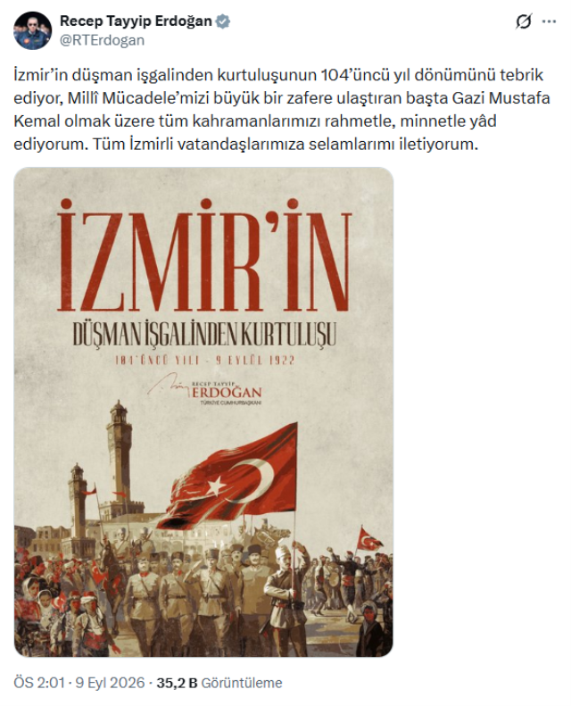 Cumhurbaşkanı Erdoğan'dan İzmir'in kurtuluşunun 104. yıl dönümü mesajı