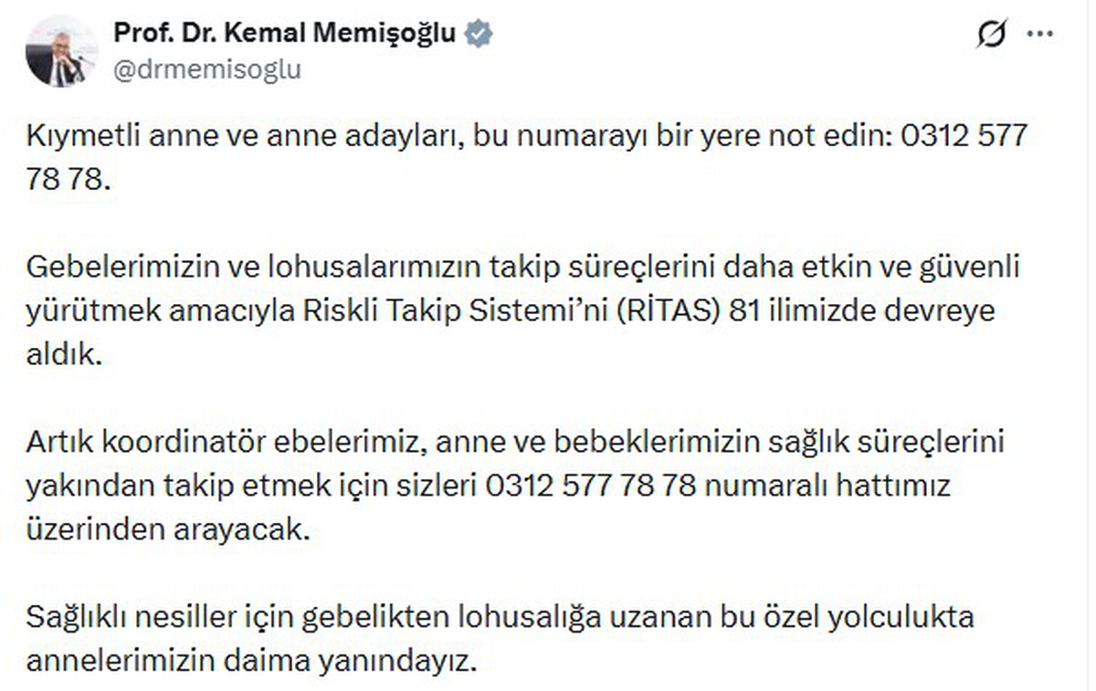 Bakan Memişoğlu duyurdu, RİTAS riskli gebelik takibi için 81 ilde devrede