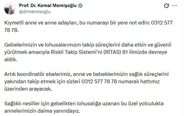 Bakan Memişoğlu duyurdu, RİTAS riskli gebelik takibi için 81 ilde devrede