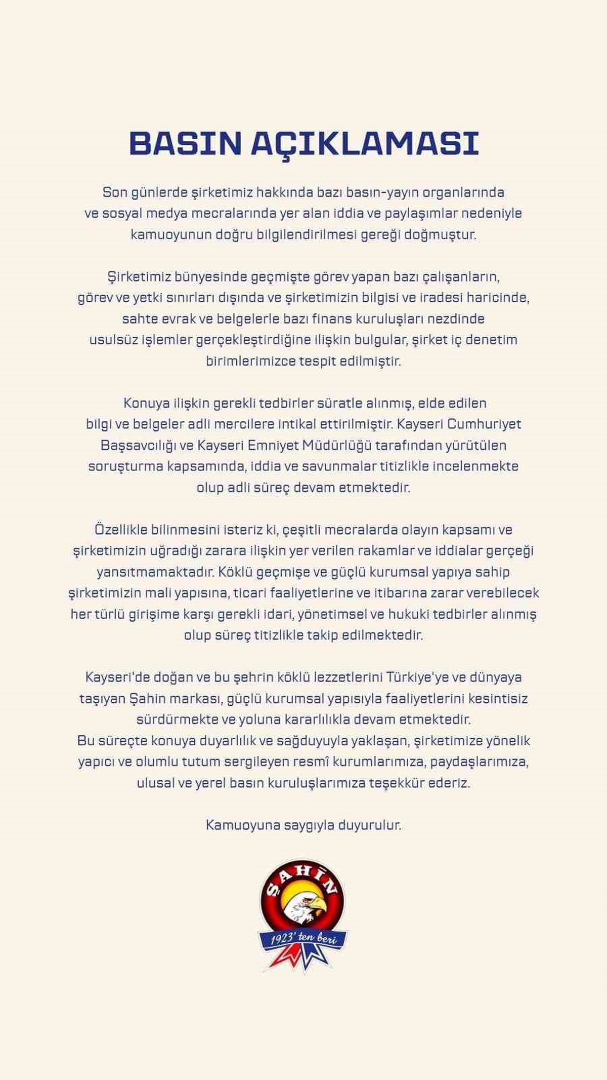 Şahin Sucukları\'ndan sahte evrak iddiasına yanıt, soruşturma Kayseri\'de sürüyor