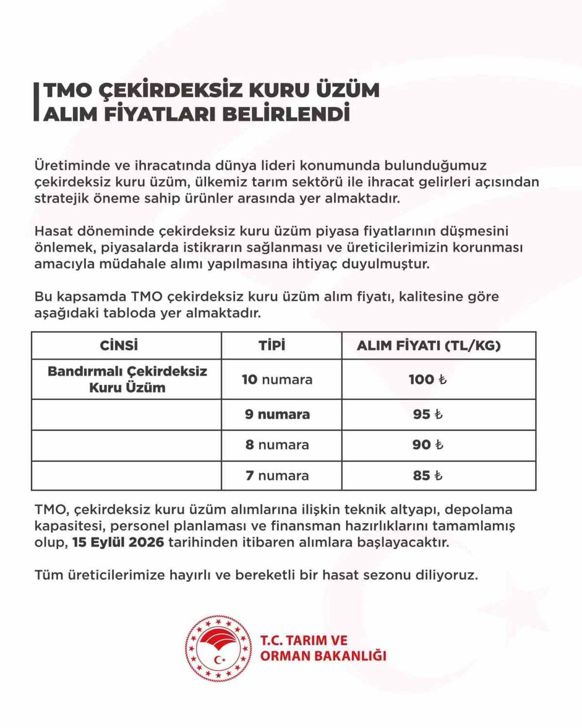 TMO çekirdeksiz kuru üzüm alım fiyatı 100 TL'ye kadar çıktı, alımlar 15 Eylül'de başlıyor