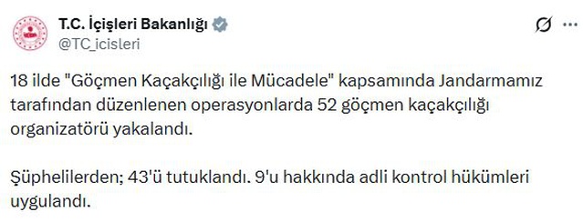 18 ilde göçmen kaçakçılığı operasyonunda 52 şüpheli yakalandı, 43'ü tutuklandı