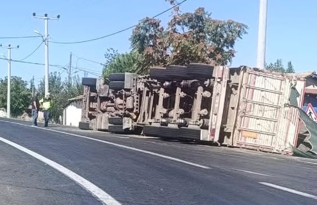 Hayrabolu'da ayçiçeği yüklü kamyon devrildi, sürücü yaralandı
