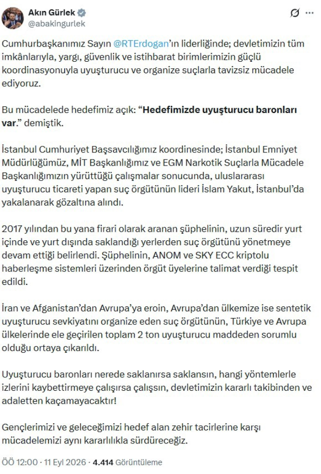 Bakan Gürlek duyurdu! Uyuşturucu baronu İstanbul'da yakalandı