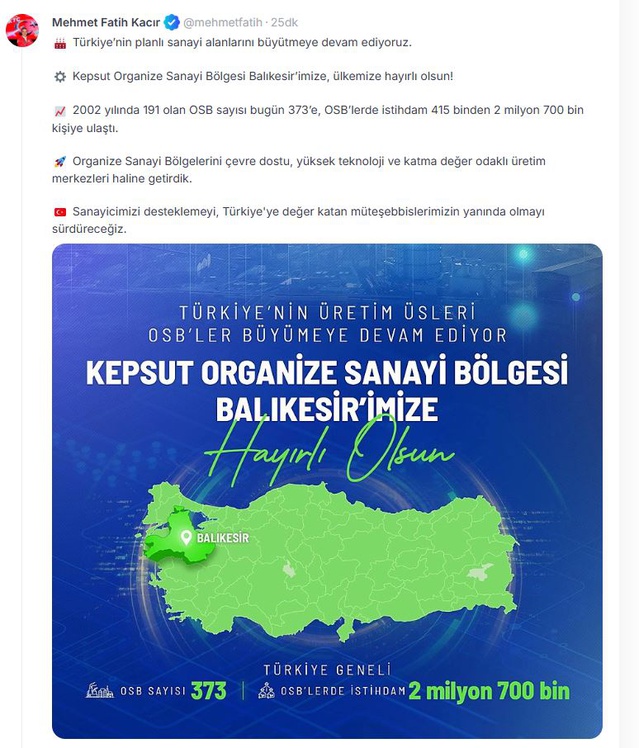 Kepsut OSB faaliyete geçti, Bakan Kacır Balıkesir'e hayırlı olmasını diledi