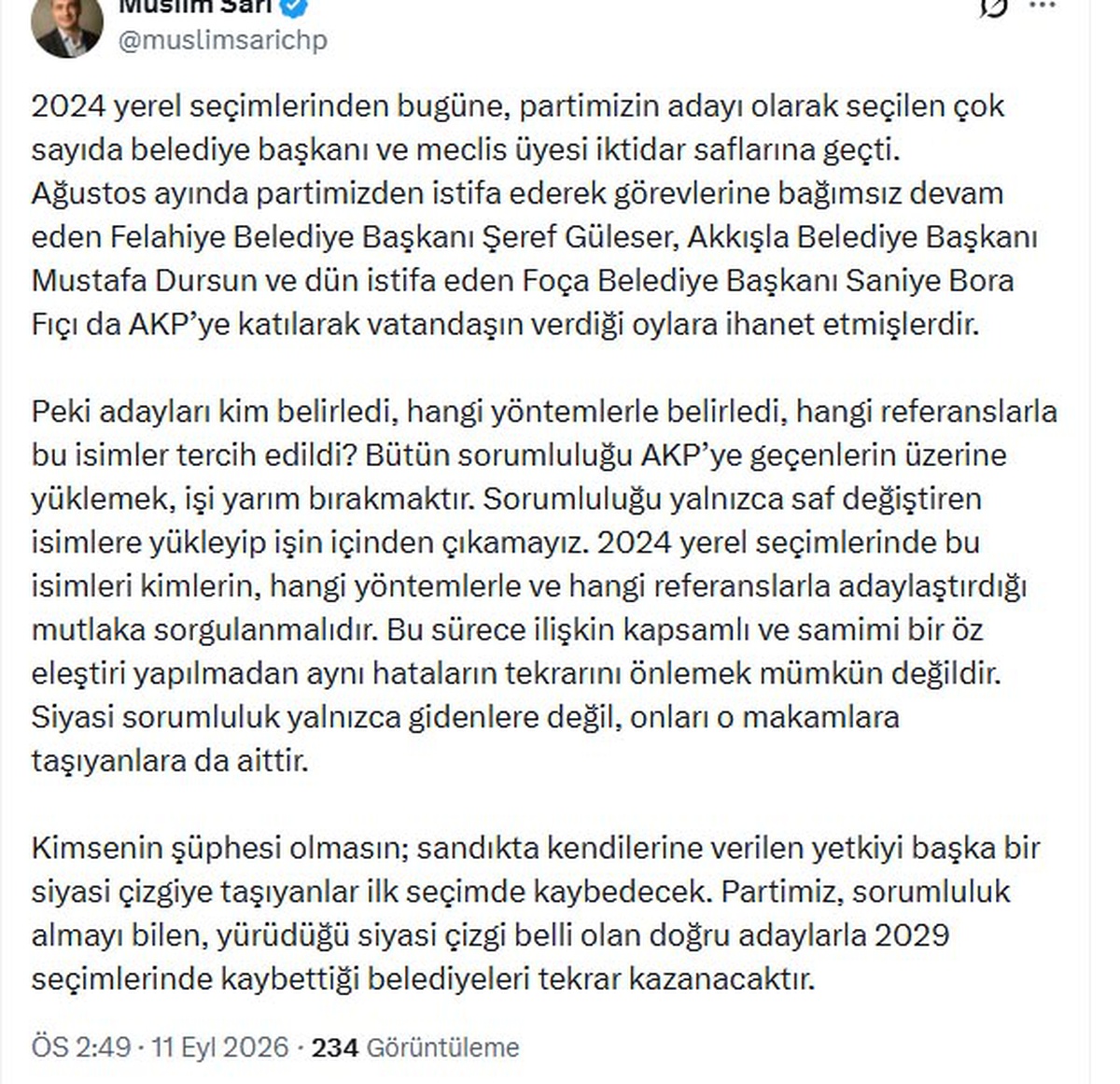 CHP\'li Sarı, istifa edip AKP\'ye geçen belediye başkanlarını eleştirdi