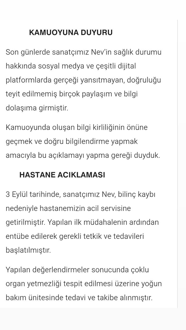 Hastanede tedavi görüyordu, ünlü şarkıcı Nev entübe edildi