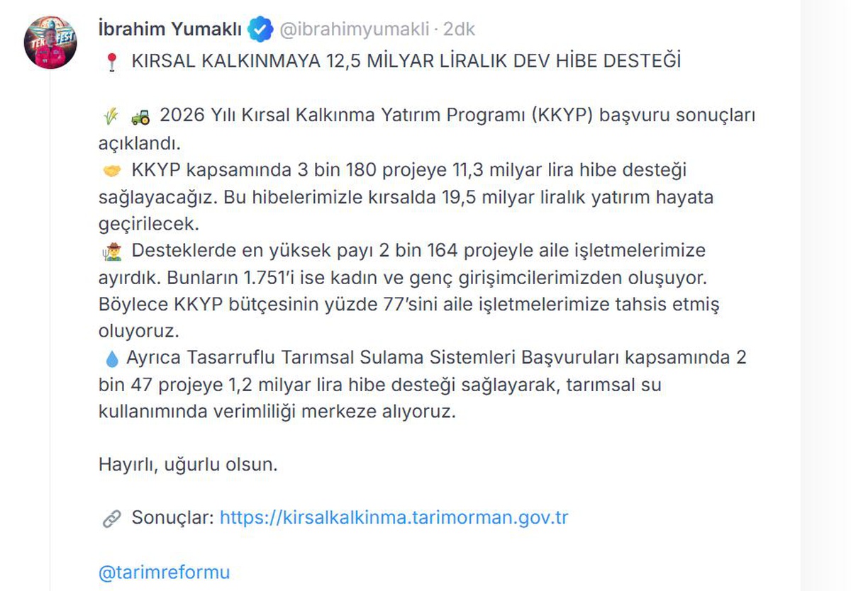 Kırsal kalkınmada 3 bin 180 projeye 11,3 milyar lira hibe verilecek