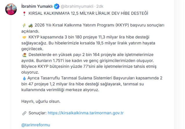 Kırsal kalkınmada 3 bin 180 projeye 11,3 milyar lira hibe verilecek