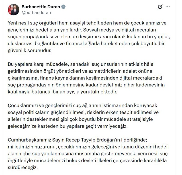 İletişim Başkanı Duran: Yeni nesil suç örgütleri çok boyutlu bir güvenlik sorunudur