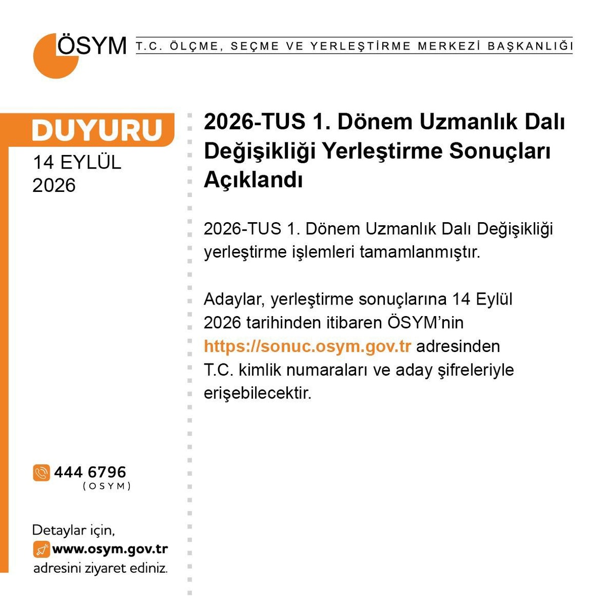 ÖSYM, 2026-TUS 1. Dönem Uzmanlık Dalı Değişikliği sonuçlarını açıkladı