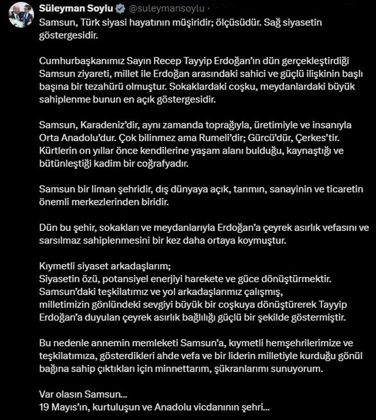 Süleyman Soylu: "Samsun, Türk siyasi hayatının müşiridir; ölçüsüdür"