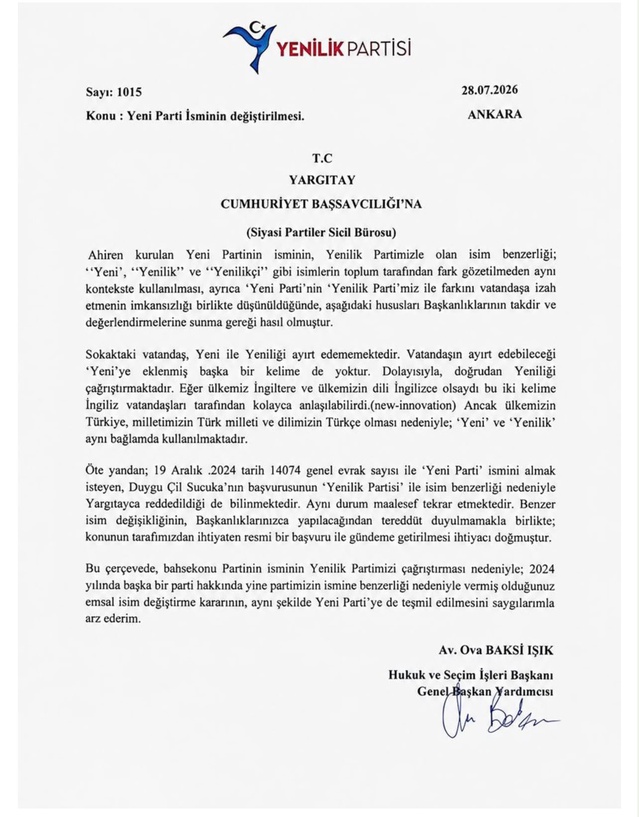 Yenilik Partisi, Yeni Parti'nin isim değişikliği için Yargıtay'a başvurdu