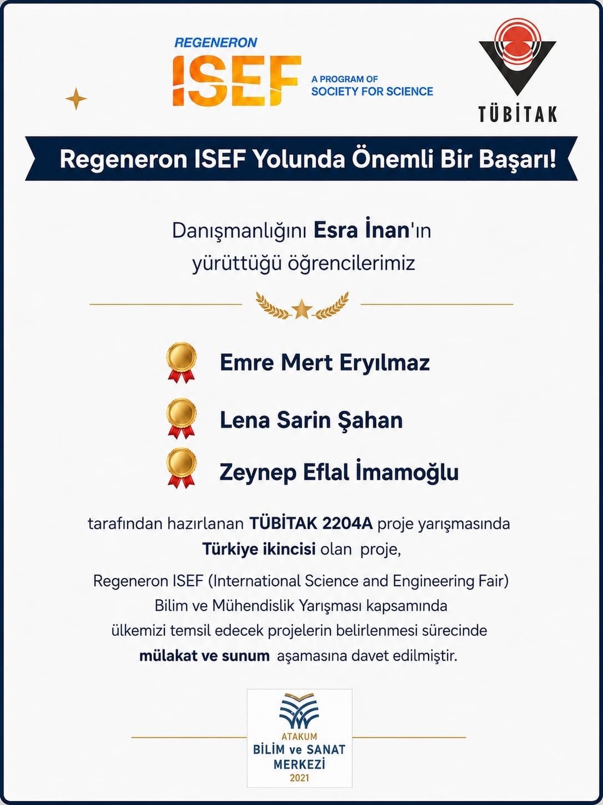 Atakum BİLSEM projesi TÜBİTAK ikinciliğiyle ABD\'deki ISEF 2027\'ye katılma hakkı kazandı