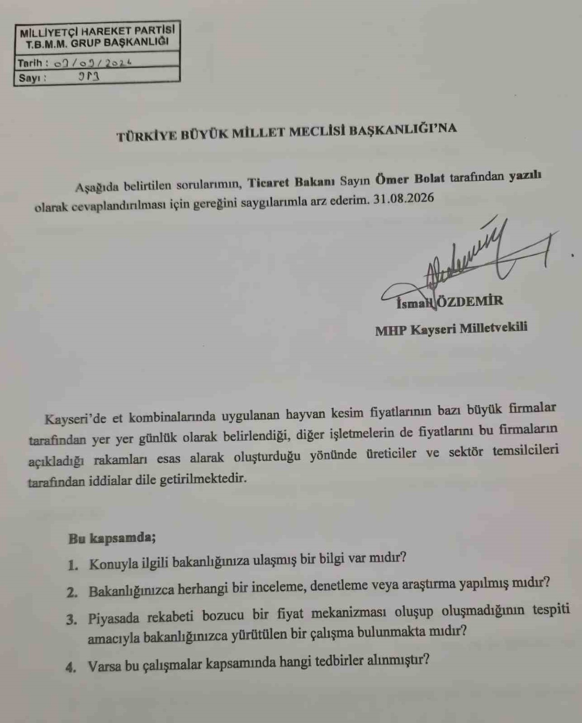 MHP\'li Özdemir, Kayseri\'de hayvan kesim fiyatı iddialarını Bakan Bolat\'a taşıdı