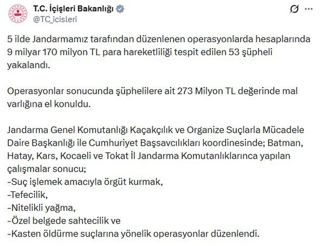 İçişleri Bakanlığı 5 ilde operasyon düzenledi, tefecilik suçundan 53 şüpheli yakalandı