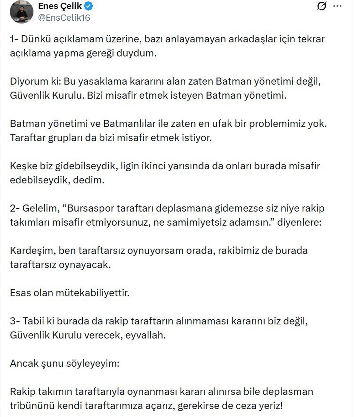 Bursaspor Başkanı Çelik\'ten Batman yasağına tribün cevabı, gerekirse ceza yeriz