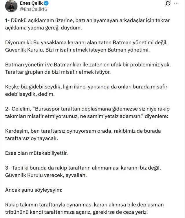 Bursaspor Başkanı Çelik'ten Batman yasağına tribün cevabı, gerekirse ceza yeriz